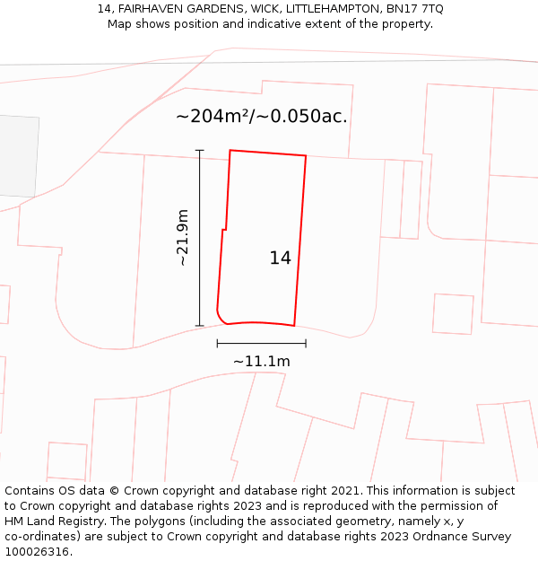 14, FAIRHAVEN GARDENS, WICK, LITTLEHAMPTON, BN17 7TQ: Plot and title map