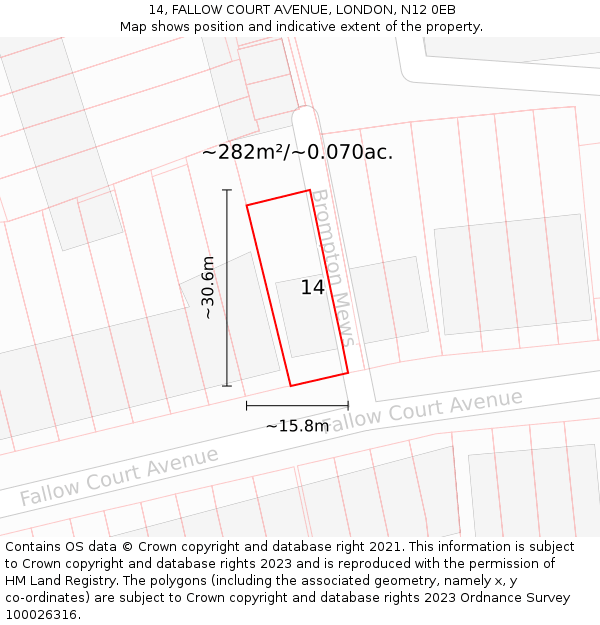 14, FALLOW COURT AVENUE, LONDON, N12 0EB: Plot and title map