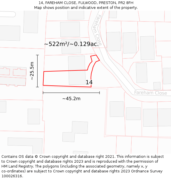 14, FAREHAM CLOSE, FULWOOD, PRESTON, PR2 8FH: Plot and title map