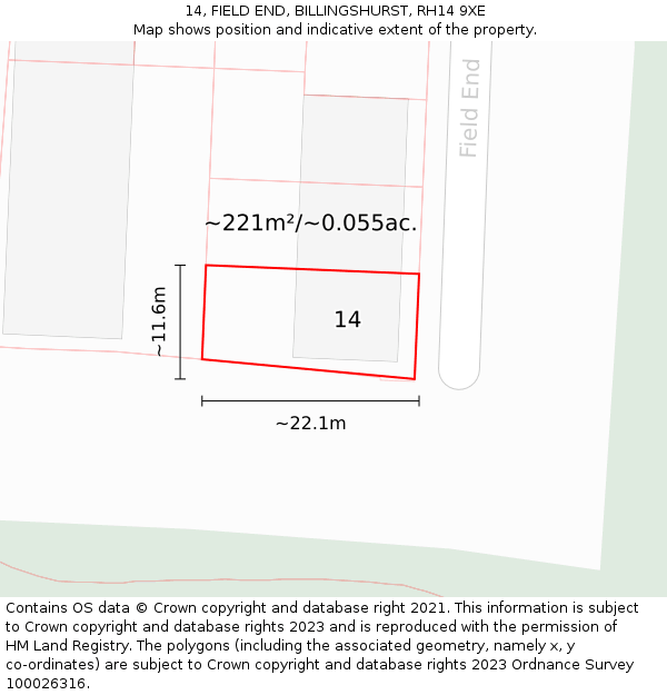 14, FIELD END, BILLINGSHURST, RH14 9XE: Plot and title map