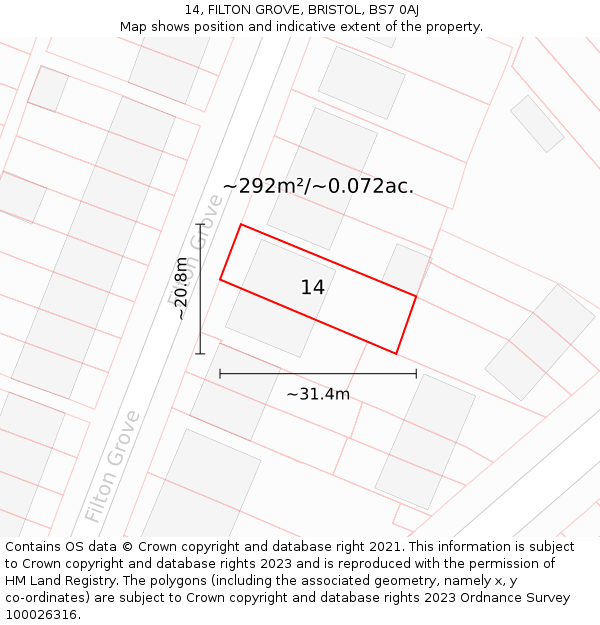 14, FILTON GROVE, BRISTOL, BS7 0AJ: Plot and title map