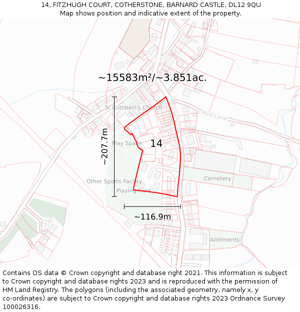 14, FITZHUGH COURT, COTHERSTONE, BARNARD CASTLE, DL12 9QU: Plot and title map