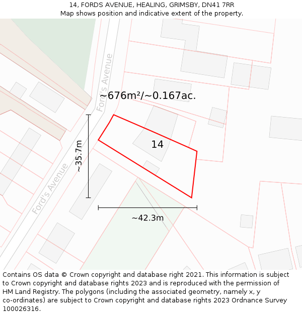 14, FORDS AVENUE, HEALING, GRIMSBY, DN41 7RR: Plot and title map