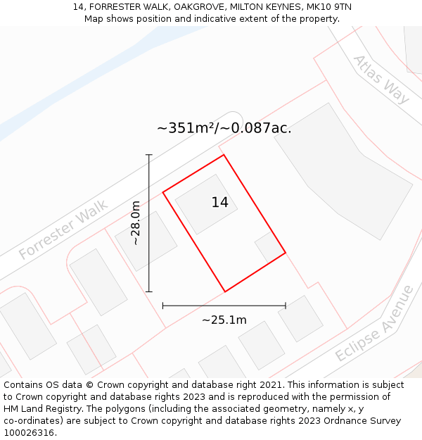 14, FORRESTER WALK, OAKGROVE, MILTON KEYNES, MK10 9TN: Plot and title map