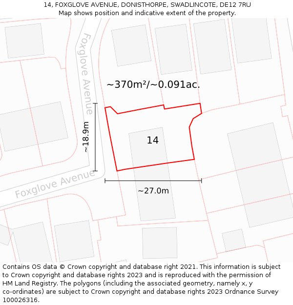 14, FOXGLOVE AVENUE, DONISTHORPE, SWADLINCOTE, DE12 7RU: Plot and title map