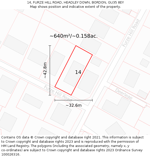 14, FURZE HILL ROAD, HEADLEY DOWN, BORDON, GU35 8EY: Plot and title map