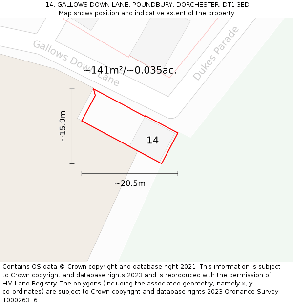 14, GALLOWS DOWN LANE, POUNDBURY, DORCHESTER, DT1 3ED: Plot and title map