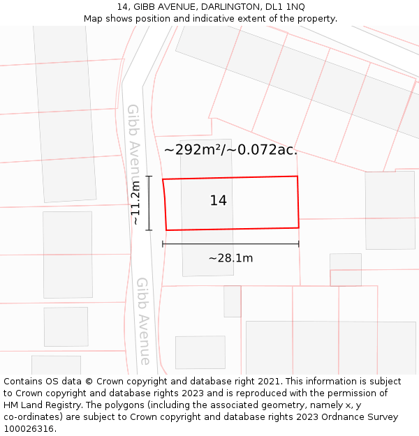 14, GIBB AVENUE, DARLINGTON, DL1 1NQ: Plot and title map