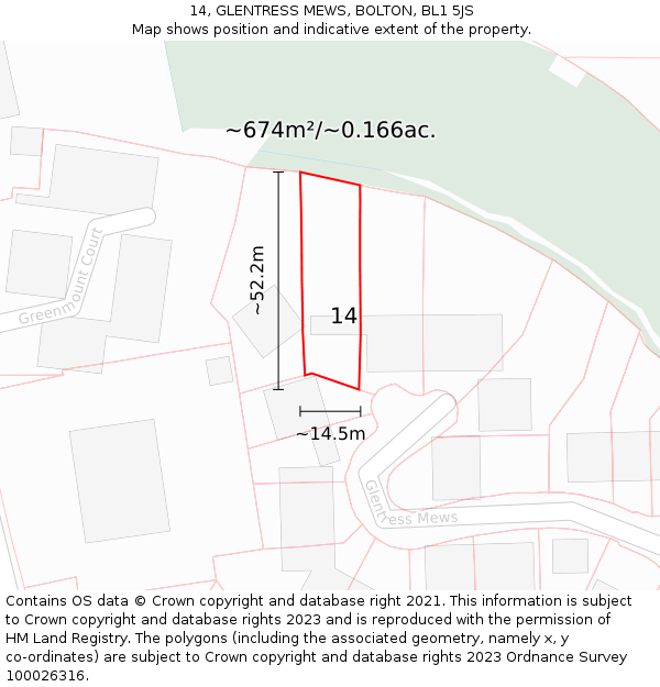 14, GLENTRESS MEWS, BOLTON, BL1 5JS: Plot and title map