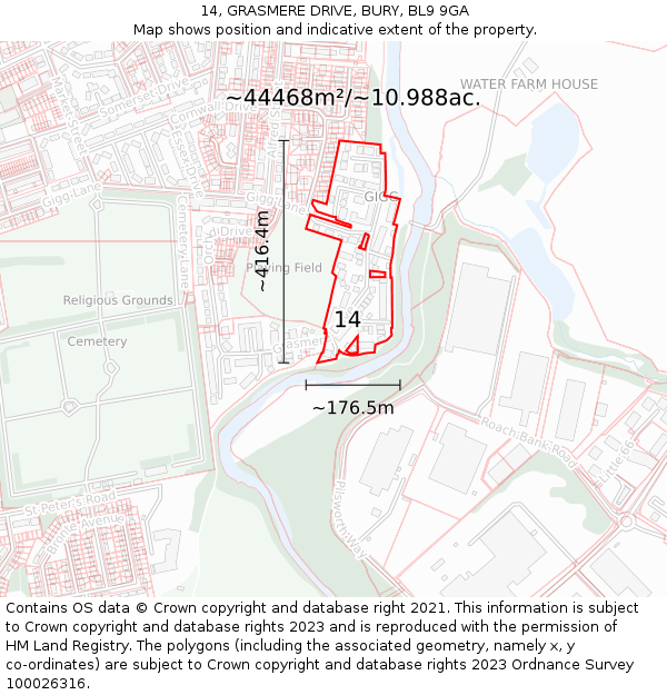 14, GRASMERE DRIVE, BURY, BL9 9GA: Plot and title map