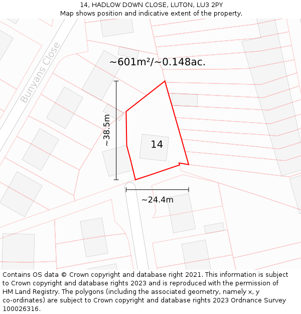 14, HADLOW DOWN CLOSE, LUTON, LU3 2PY: Plot and title map