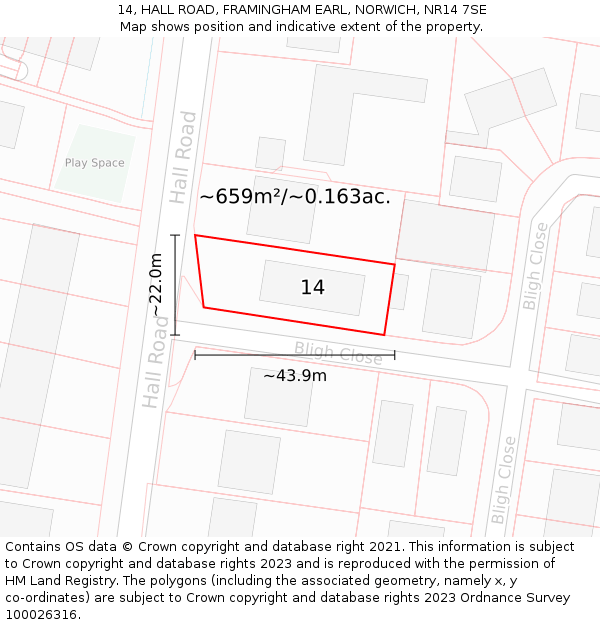 14, HALL ROAD, FRAMINGHAM EARL, NORWICH, NR14 7SE: Plot and title map