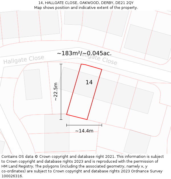 14, HALLGATE CLOSE, OAKWOOD, DERBY, DE21 2QY: Plot and title map