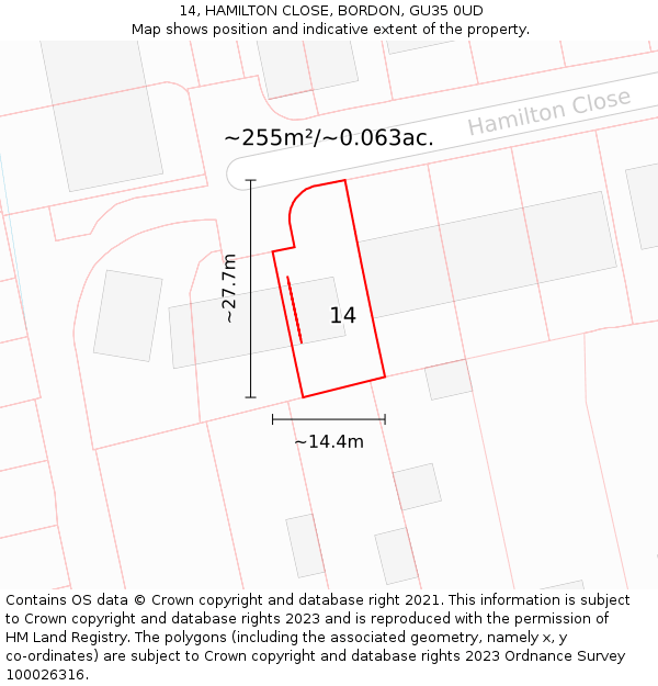 14, HAMILTON CLOSE, BORDON, GU35 0UD: Plot and title map