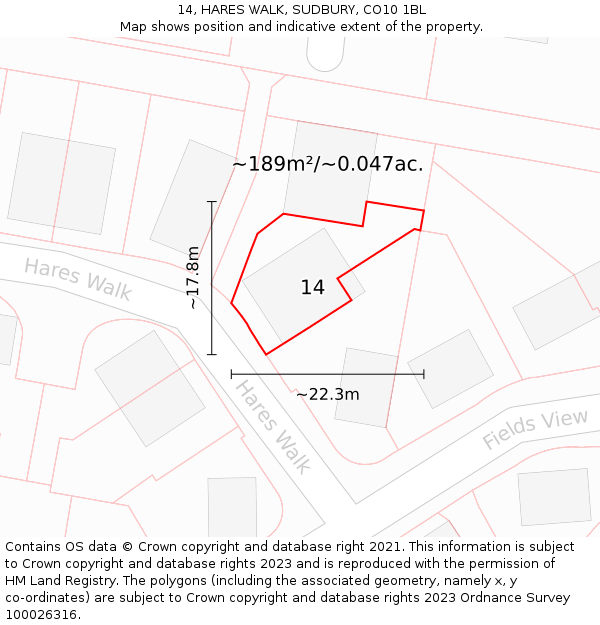 14, HARES WALK, SUDBURY, CO10 1BL: Plot and title map