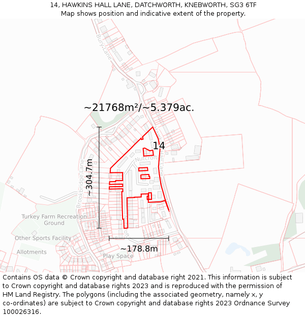 14, HAWKINS HALL LANE, DATCHWORTH, KNEBWORTH, SG3 6TF: Plot and title map