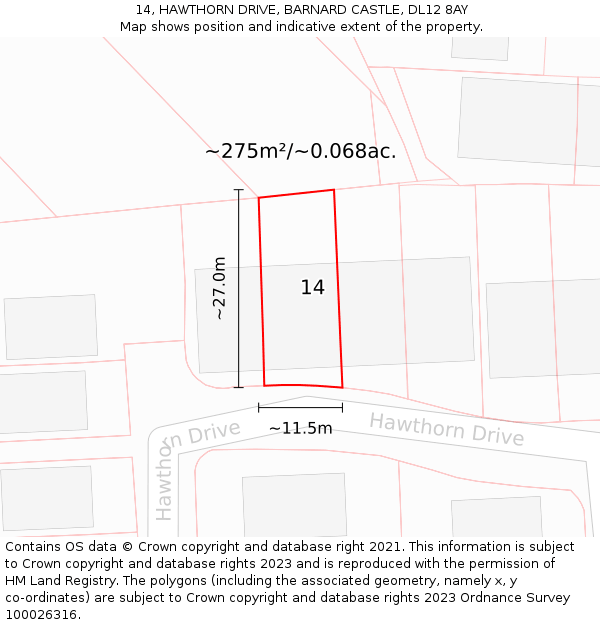 14, HAWTHORN DRIVE, BARNARD CASTLE, DL12 8AY: Plot and title map