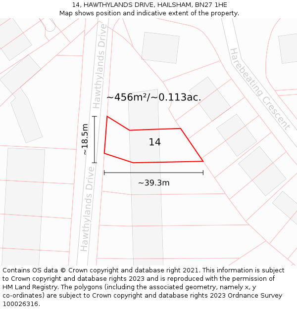 14, HAWTHYLANDS DRIVE, HAILSHAM, BN27 1HE: Plot and title map