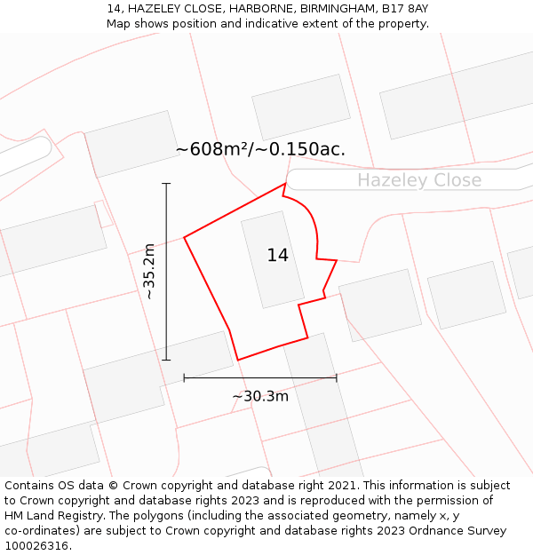 14, HAZELEY CLOSE, HARBORNE, BIRMINGHAM, B17 8AY: Plot and title map