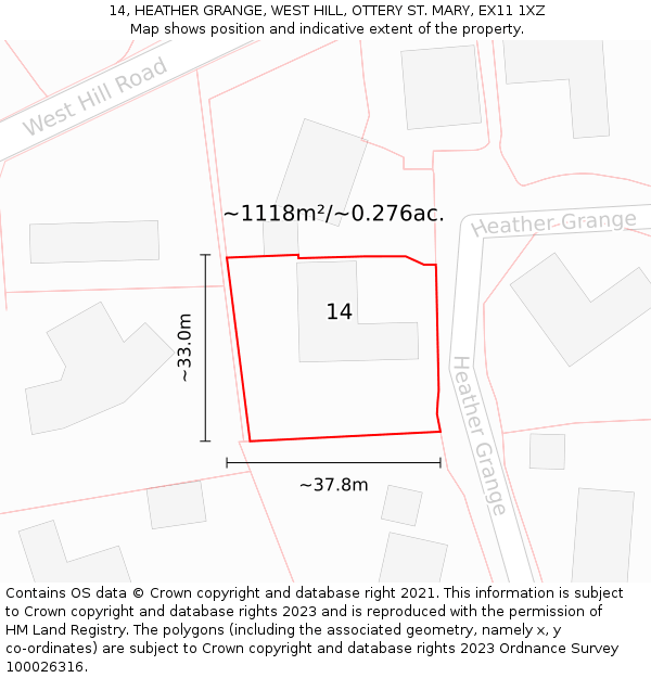 14, HEATHER GRANGE, WEST HILL, OTTERY ST. MARY, EX11 1XZ: Plot and title map