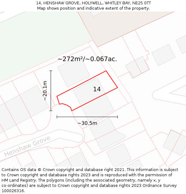 14, HENSHAW GROVE, HOLYWELL, WHITLEY BAY, NE25 0TT: Plot and title map