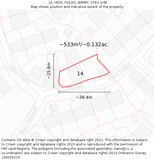 14, HEOL FIOLED, BARRY, CF63 1HB: Plot and title map