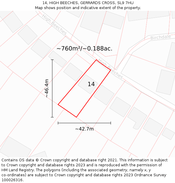 14, HIGH BEECHES, GERRARDS CROSS, SL9 7HU: Plot and title map