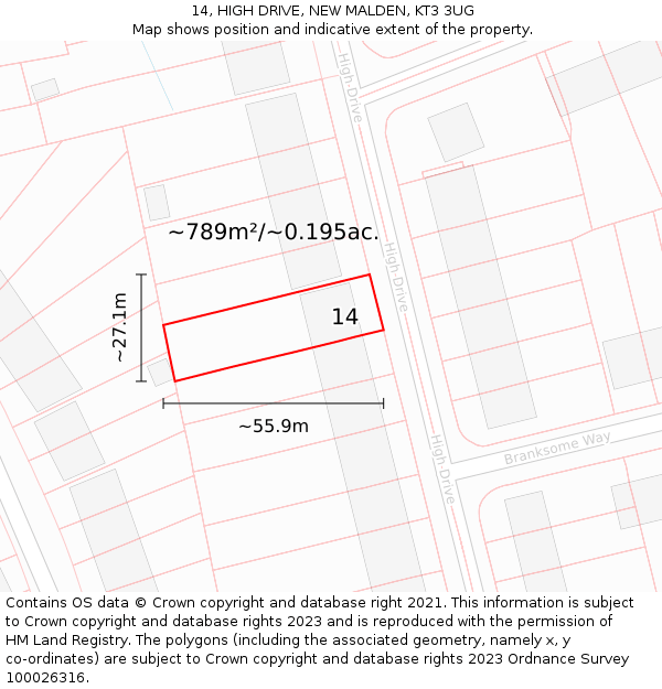 14, HIGH DRIVE, NEW MALDEN, KT3 3UG: Plot and title map