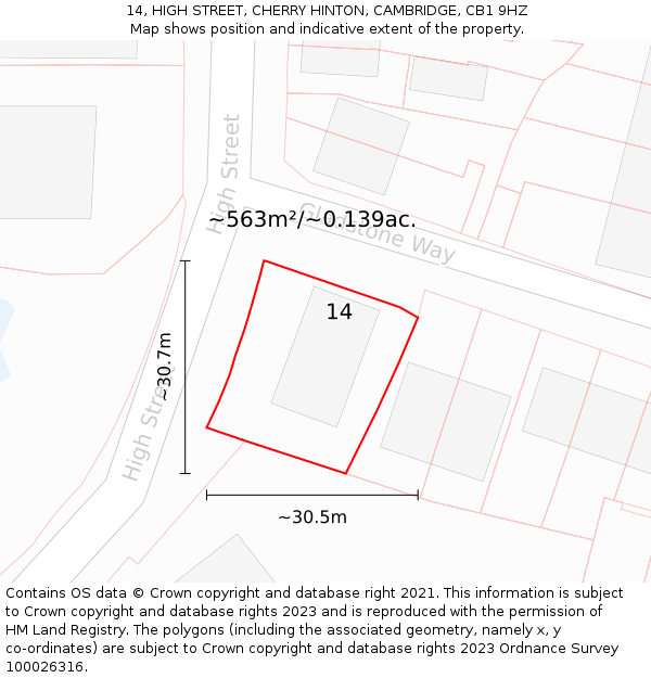 14, HIGH STREET, CHERRY HINTON, CAMBRIDGE, CB1 9HZ: Plot and title map