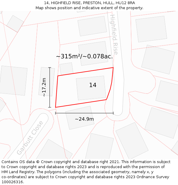 14, HIGHFIELD RISE, PRESTON, HULL, HU12 8RA: Plot and title map