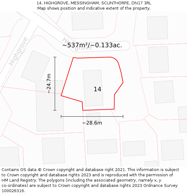 14, HIGHGROVE, MESSINGHAM, SCUNTHORPE, DN17 3RL: Plot and title map