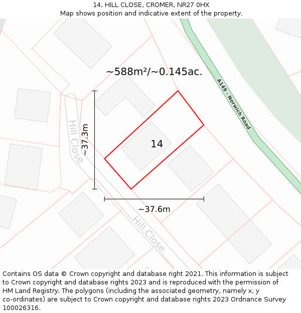 14, HILL CLOSE, CROMER, NR27 0HX: Plot and title map