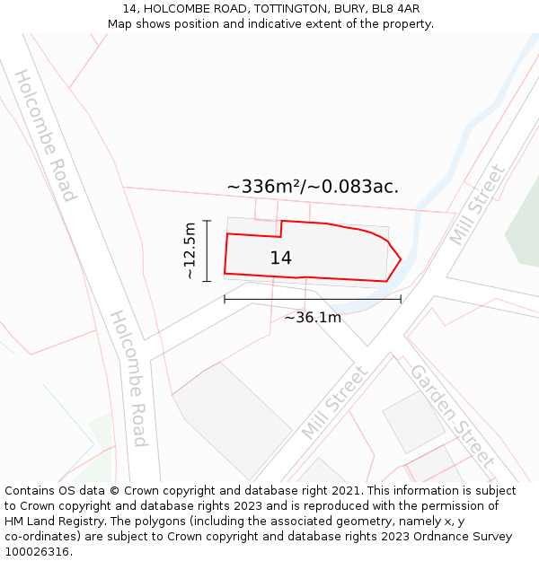 14, HOLCOMBE ROAD, TOTTINGTON, BURY, BL8 4AR: Plot and title map