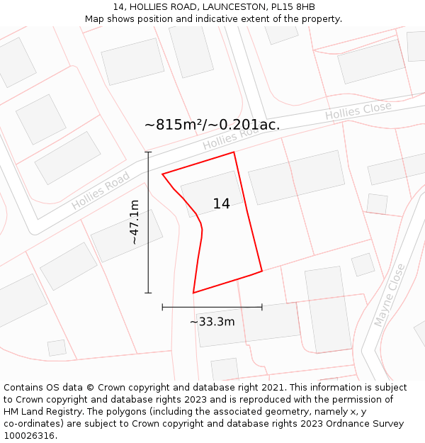 14, HOLLIES ROAD, LAUNCESTON, PL15 8HB: Plot and title map