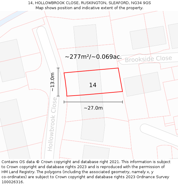 14, HOLLOWBROOK CLOSE, RUSKINGTON, SLEAFORD, NG34 9GS: Plot and title map