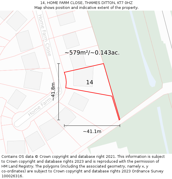 14, HOME FARM CLOSE, THAMES DITTON, KT7 0HZ: Plot and title map