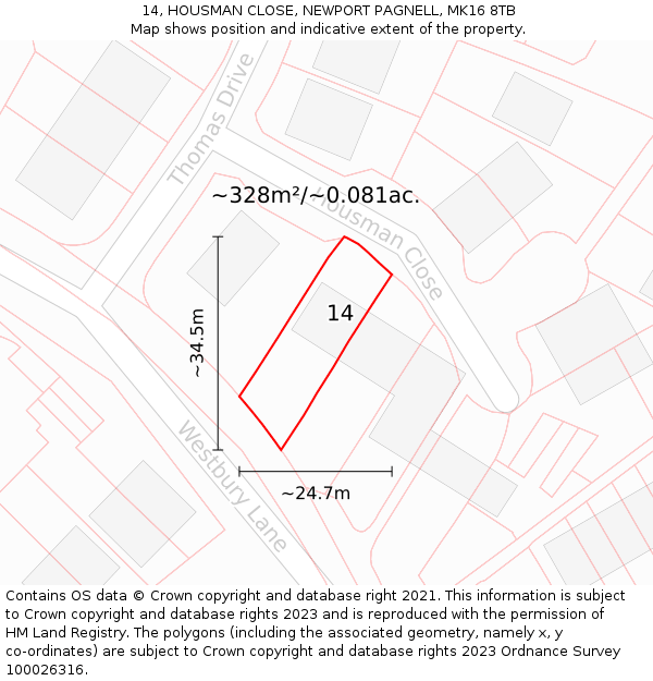 14, HOUSMAN CLOSE, NEWPORT PAGNELL, MK16 8TB: Plot and title map