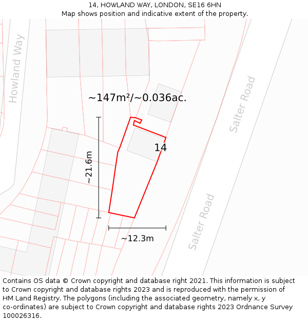 14, HOWLAND WAY, LONDON, SE16 6HN: Plot and title map