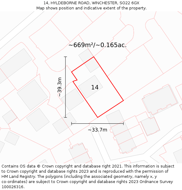 14, HYLDEBORNE ROAD, WINCHESTER, SO22 6GX: Plot and title map