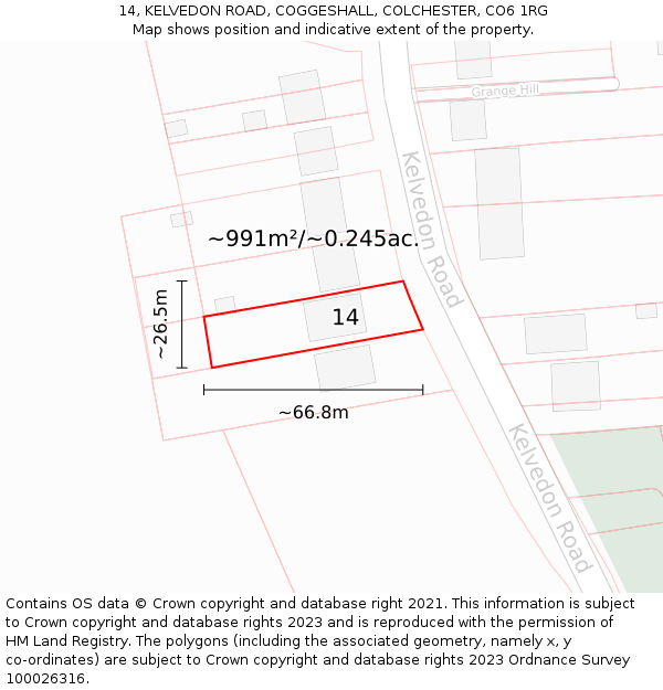 14, KELVEDON ROAD, COGGESHALL, COLCHESTER, CO6 1RG: Plot and title map