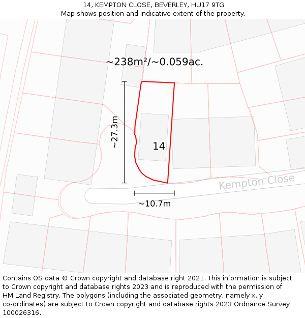 14, KEMPTON CLOSE, BEVERLEY, HU17 9TG: Plot and title map