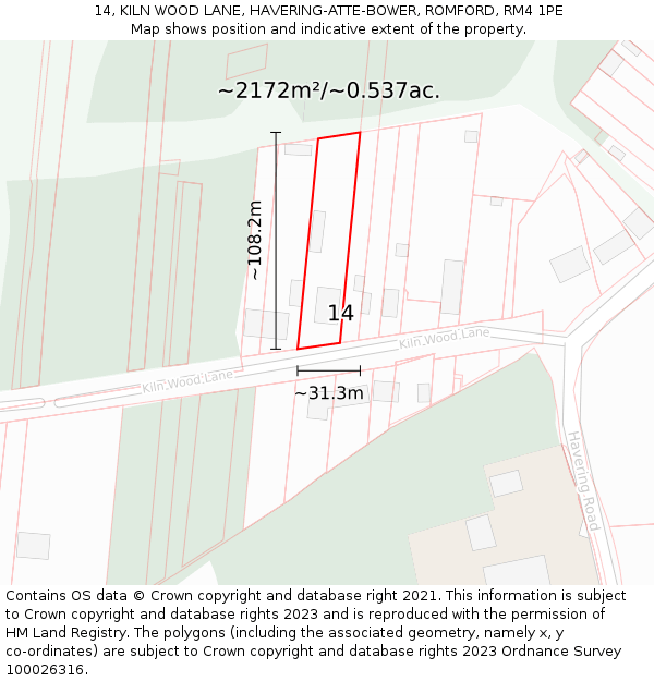 14, KILN WOOD LANE, HAVERING-ATTE-BOWER, ROMFORD, RM4 1PE: Plot and title map