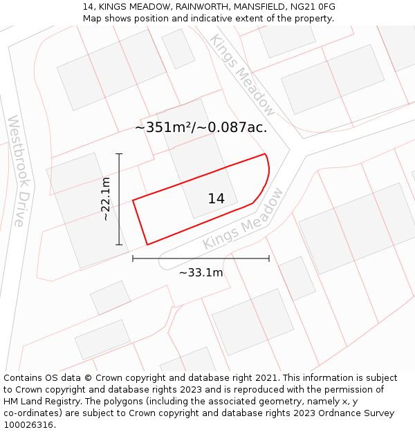 14, KINGS MEADOW, RAINWORTH, MANSFIELD, NG21 0FG: Plot and title map