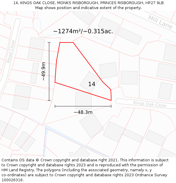 14, KINGS OAK CLOSE, MONKS RISBOROUGH, PRINCES RISBOROUGH, HP27 9LB: Plot and title map