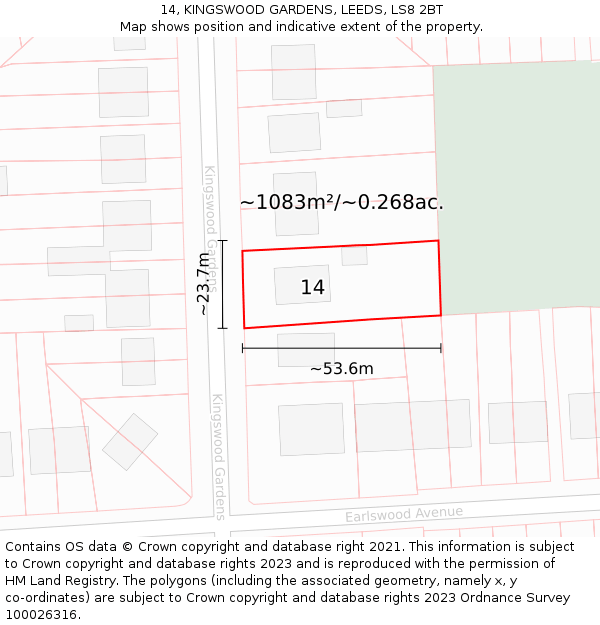 14, KINGSWOOD GARDENS, LEEDS, LS8 2BT: Plot and title map