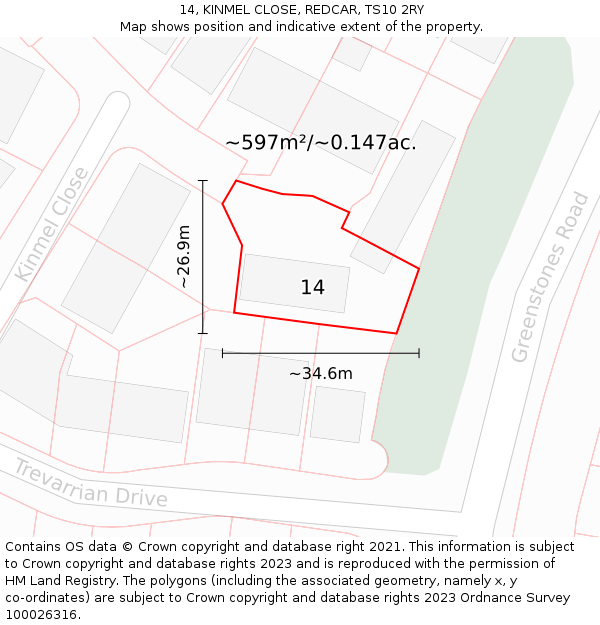 14, KINMEL CLOSE, REDCAR, TS10 2RY: Plot and title map