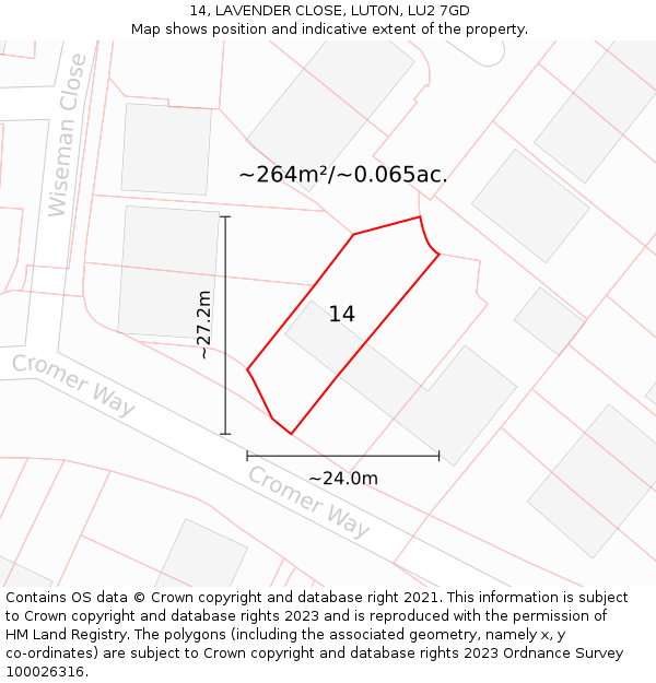 14, LAVENDER CLOSE, LUTON, LU2 7GD: Plot and title map