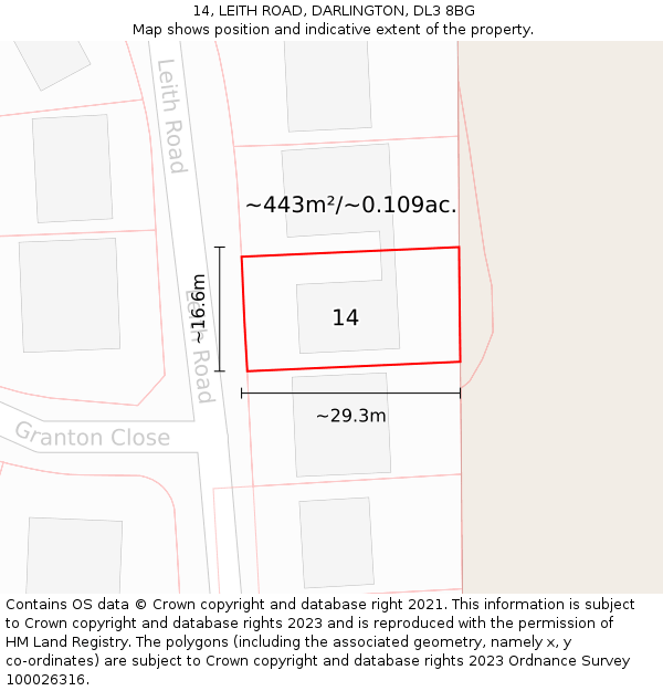 14, LEITH ROAD, DARLINGTON, DL3 8BG: Plot and title map