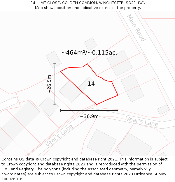 14, LIME CLOSE, COLDEN COMMON, WINCHESTER, SO21 1WN: Plot and title map