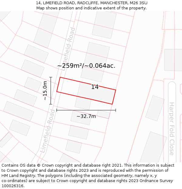 14, LIMEFIELD ROAD, RADCLIFFE, MANCHESTER, M26 3SU: Plot and title map